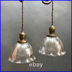 Pair of Scalloped Prismatic Holophane Glass Bell Pendant Lights