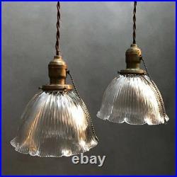 Pair of Scalloped Prismatic Holophane Glass Bell Pendant Lights