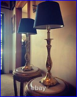 Pair of Vintage French Brass Table Lamps With Navy Velvet shades