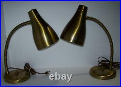 Pair of vintage Mid Century Modern Gooseneck Desk Table Lamps Brass