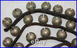 Primitive Antique 48 Brass Horse Sleigh Bells on Leather Strap 78.5 Long