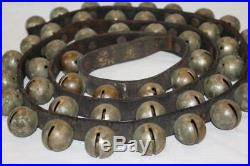 Primitive Antique 48 Brass Horse Sleigh Bells on Leather Strap 78.5 Long