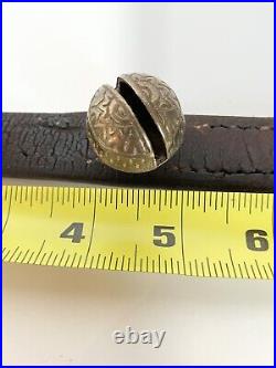 Primitive Antique Brass Sleigh Bells 7 On Weathered Harness Strap 24 Jingle