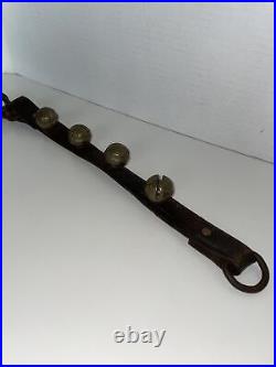 Primitive Antique Brass Sleigh Bells 7 On Weathered Harness Strap 24 Jingle