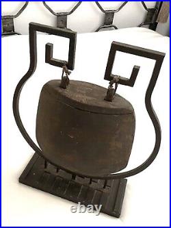 Primitive Spiritual Tibetan / Asian Wooden Bell Gong On Iron Stand Wood Base