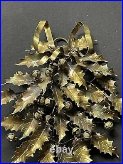 RARE! Vintage DRESDEN HOLLY Leaves BELLS CANDLE Holder Brass BOW Antique Metal