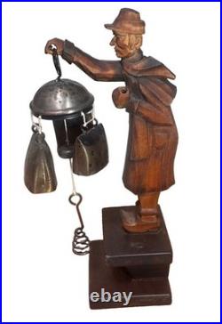 RARE Vintage German Wood Carved Night Watchman Counter Bell Desk Chime Figurine