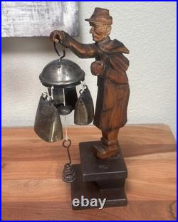RARE Vintage German Wood Carved Night Watchman Counter Bell Desk Chime Figurine RARE Vintage German Wood Carved Night Watchman Counter Bell Desk Chime Figurine