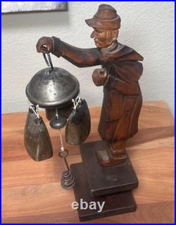 RARE Vintage German Wood Carved Night Watchman Counter Bell Desk Chime Figurine
