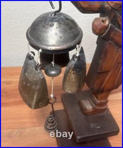 RARE Vintage German Wood Carved Night Watchman Counter Bell Desk Chime Figurine
