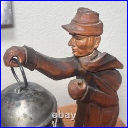 RARE Vintage German Wood Carved Night Watchman Counter Bell Desk Chime Figurine