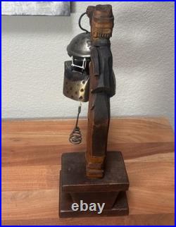 RARE Vintage German Wood Carved Night Watchman Counter Bell Desk Chime Figurine