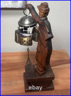 RARE Vintage German Wood Carved Night Watchman Counter Bell Desk Chime Figurine