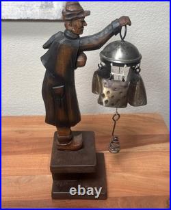 RARE Vintage German Wood Carved Night Watchman Counter Bell Desk Chime Figurine