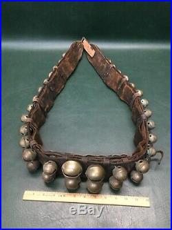 Rare Antique 60 Etched Brass Sleigh Bells on Leather Belt Double Row