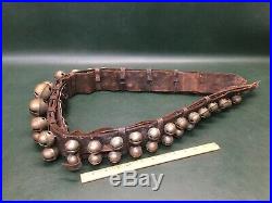 Rare Antique 60 Etched Brass Sleigh Bells on Leather Belt Double Row