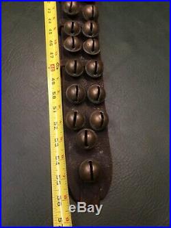 Rare Antique 60 Etched Brass Sleigh Bells on Leather Belt Double Row