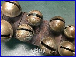 Rare Antique 60 Etched Brass Sleigh Bells on Leather Belt Double Row