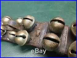 Rare Antique 60 Etched Brass Sleigh Bells on Leather Belt Double Row