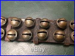 Rare Antique 60 Etched Brass Sleigh Bells on Leather Belt Double Row