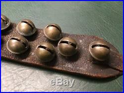 Rare Antique 60 Etched Brass Sleigh Bells on Leather Belt Double Row