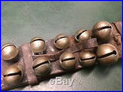 Rare Antique 60 Etched Brass Sleigh Bells on Leather Belt Double Row