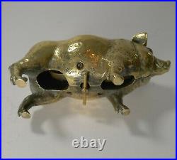 Rare Antique Cast Brass / Polished Bronze Mechanical Desk Bell Pig c. 1890
