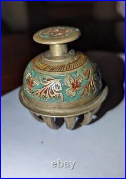 Rare Antique Hand Painted Brass Claw Bell, Made in India, Etched