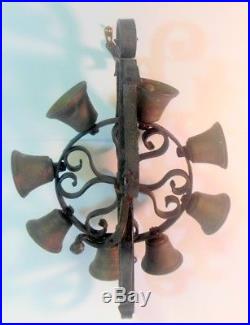 Rare Antique Vtg 8 BRASS Bells Door Dinner Wrought Iron Frame