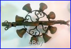 Rare Antique Vtg 8 BRASS Bells Door Dinner Wrought Iron Frame