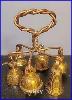 Rare Heavy Brass Religious Bell Cluster with 6 Bells & Copper Handle Sarna Bells