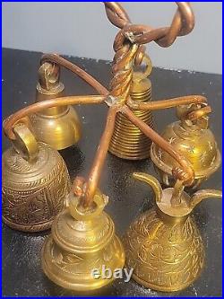 Rare Heavy Brass Religious Bell Cluster with 6 Bells & Copper Handle Sarna Bells