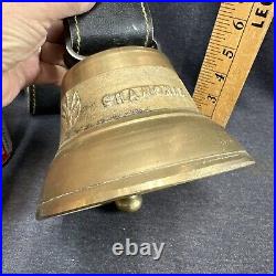 Rare Large Antique Swiss Brass Cowbell Chamonix Leather Strap Mont-Blanc 5.5x6