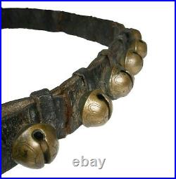 Rare Mid-late 19th C American Antique 25 Etched Brass Sleigh Bell Leather Belt