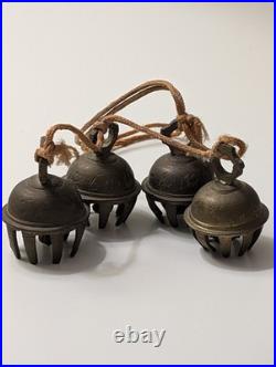 Rare Rope String 4 Vtg Brass Etched Indian Elephant Claw Bells Door Decor 14l