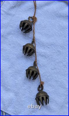 Rare Rope String 4 Vtg Brass Etched Indian Elephant Claw Bells Door Decor 14l