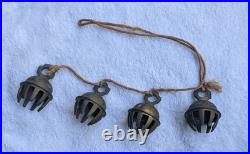 Rare Rope String 4 Vtg Brass Etched Indian Elephant Claw Bells Door Decor 14l