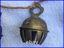 Rare Rope String 4 Vtg Brass Etched Indian Elephant Claw Bells Door Decor 14l