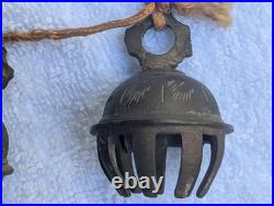 Rare Rope String 4 Vtg Brass Etched Indian Elephant Claw Bells Door Decor 14l