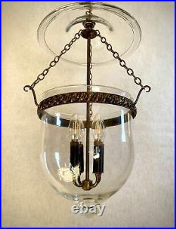 Rare Vtg Large 4-Lights Bell Jar Lantern Pendant Chandelier Brass Clear Glass