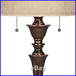 Rich Bronze Floor Lamp Copper Accents Burlap Bell Shade For Living Room Light