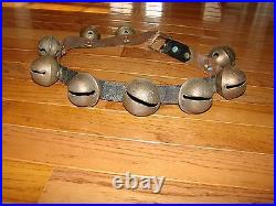 SLEIGH BELLS Antique Brass Leather Belt Primitive Country Farm HORSE 2 SIGNED HS