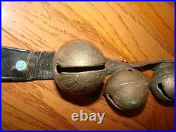 SLEIGH BELLS Antique Brass Leather Belt Primitive Country Farm HORSE 2 SIGNED HS