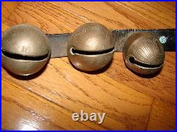 SLEIGH BELLS Antique Brass Leather Belt Primitive Country Farm HORSE 2 SIGNED HS