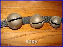 SLEIGH BELLS Antique Brass Leather Belt Primitive Country Farm HORSE 2 SIGNED HS