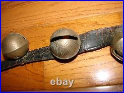 SLEIGH BELLS Antique Brass Leather Belt Primitive Country Farm HORSE 2 SIGNED HS