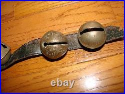 SLEIGH BELLS Antique Brass Leather Belt Primitive Country Farm HORSE 2 SIGNED HS