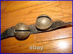 SLEIGH BELLS Antique Brass Leather Belt Primitive Country Farm HORSE 2 SIGNED HS