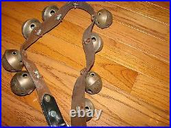 SLEIGH BELLS Antique Brass Leather Belt Primitive Country Farm HORSE 2 SIGNED HS