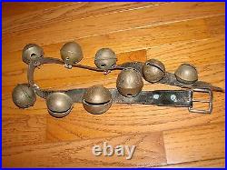 SLEIGH BELLS Antique Brass Leather Belt Primitive Country Farm HORSE 2 SIGNED HS